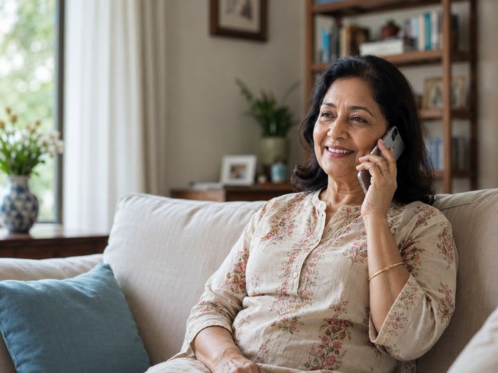 A woman smiling as she talks on her mobile phone in her living room