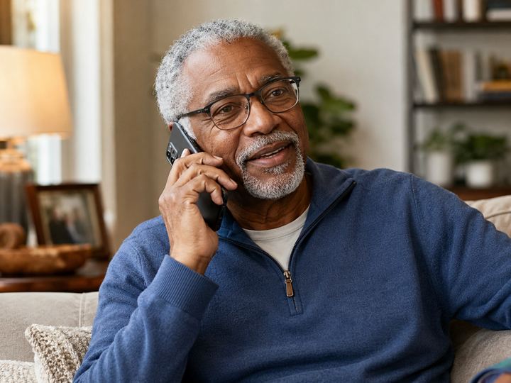 An older man chatting on his mobile phone at home