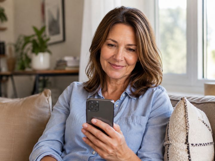 A woman on her sofa reading a message on her phone